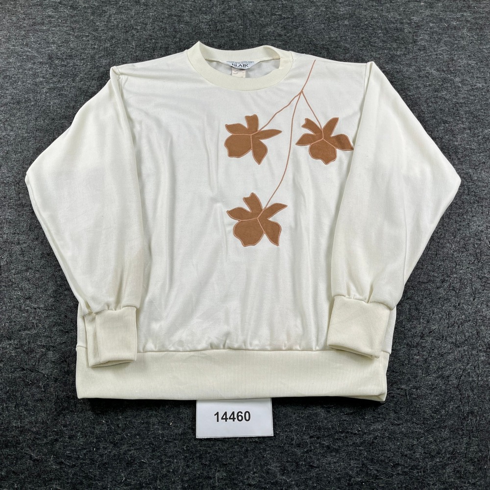 Blair Sweatshirt Women M Ivory Excellent Vintage Made in USA Floral Applique